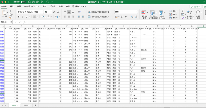 1球ごとのデータをエクセルで記録し、ピボットテーブルで集計する方法　〜四国アイランドリーグplusデータレポート（5月第5週号）〜
