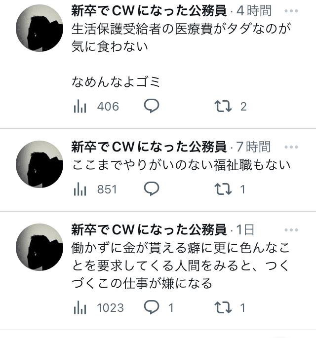 民間企業すら入れなかった ア ケースワーカーが ツイッ ーで イキリ散らしています