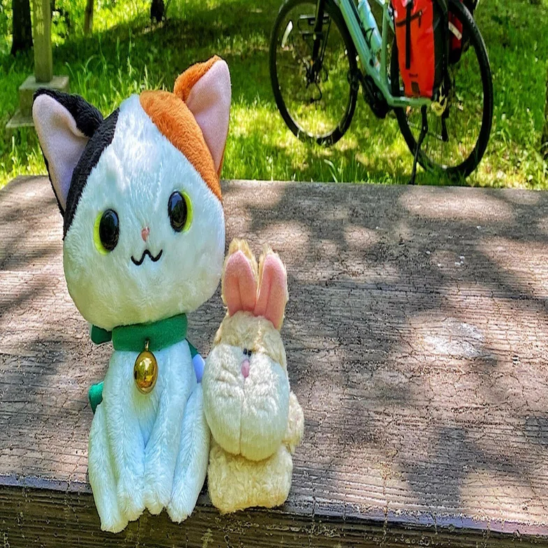 一緒に日本一周する仲間、ぬいぐるみの「ジャンプ」と「にゃん太郎」を