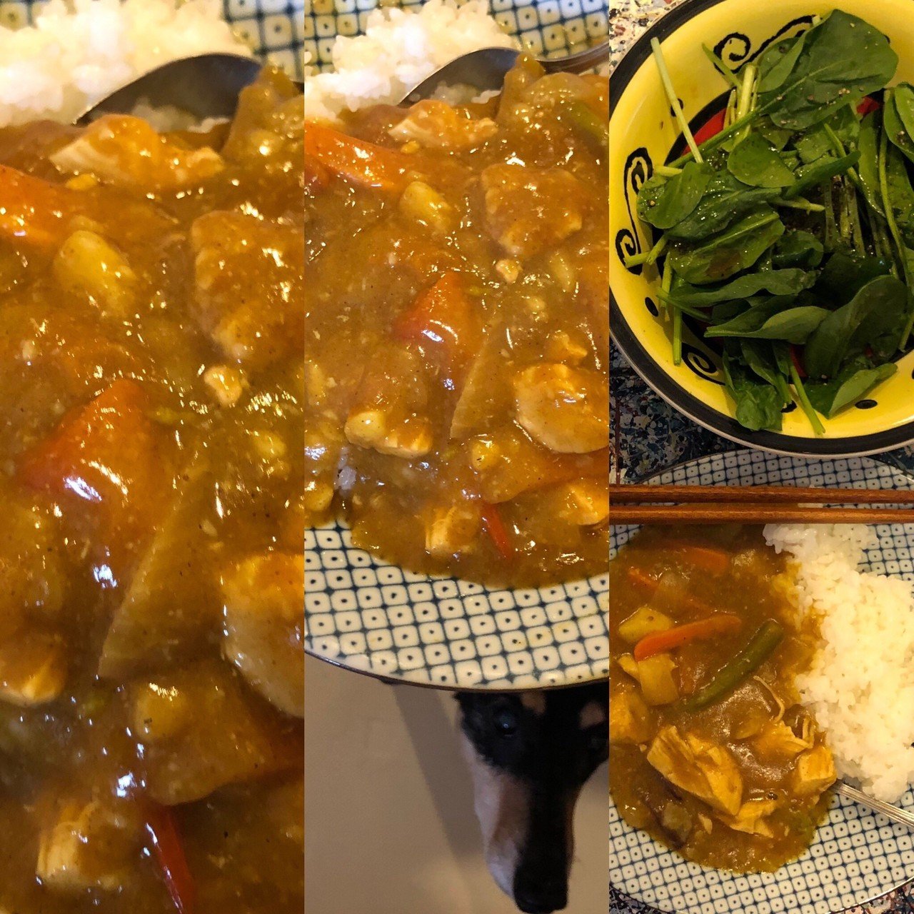 さつまいも 人参 塩麹で漬けたチキン胸肉 キャベツ 玉ねぎ アスパラ はちみつ でカレー作りました 母さんのカレーの味です 美味しかったです ほうれん草はみりん 小さじ１ 酒 小さじ１ 醤油 小さじ半分 Senri Oe 大江千里 Note