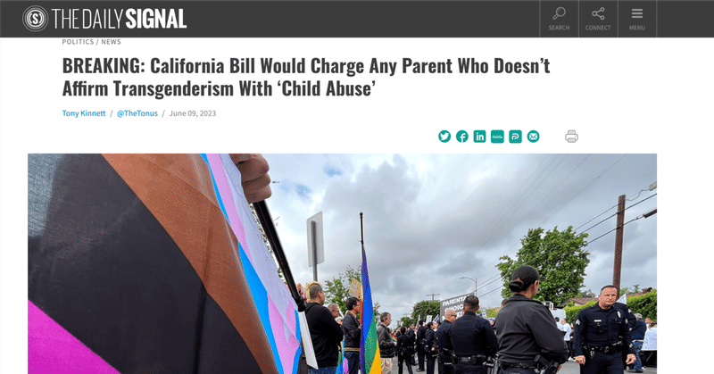 【海外記事】速報：カリフォルニア州、トランスジェンダーを肯定しない親を「児童虐待」で起訴する法案