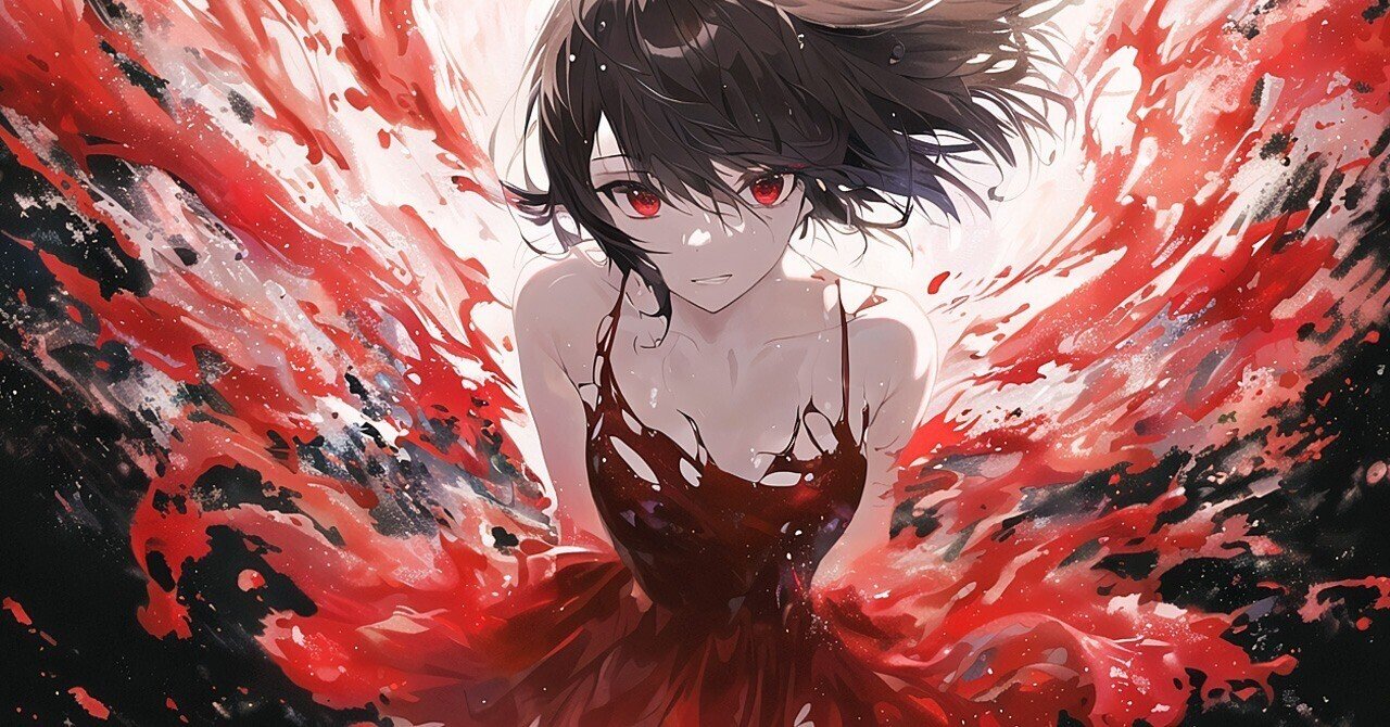 水墨画 女性と街並み 赤いドレス　フレームなし 赤い水のドレスをt2iで作りたい│NovelAI【AIイラスト制作備忘録】｜黒