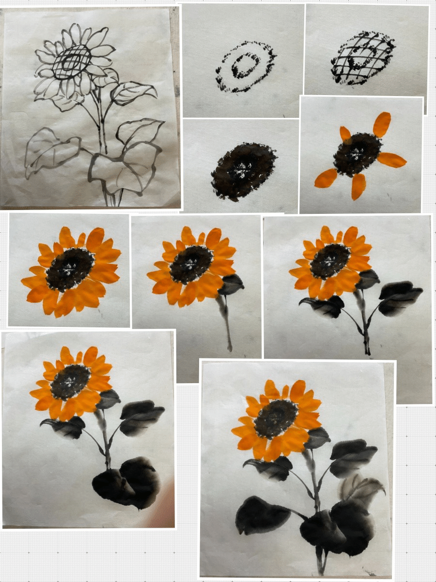 水墨画 ひまわり 〈額付き〉 （【水墨画】色（墨彩画）で描く