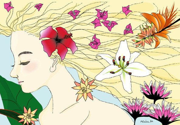 「　花咲かす女神フロラ　南の島バージョン　」Illustratorで制作。私の作品で、今のところ一番人気のあって一番売れてるのだけど、私も進化してるから！別の手法でも新しく描いてみたいと思ってます。