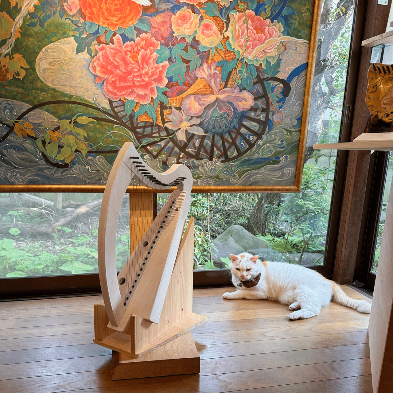 金属弦アイリッシュハープ ユニコーンと野薔薇 リンデン製金属弦ハープ