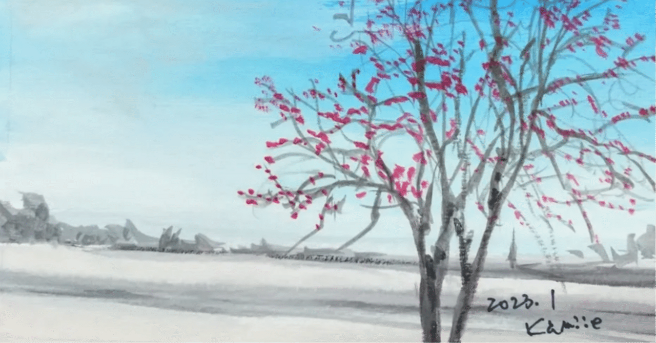 水彩画 夕焼け田舎の冬景色