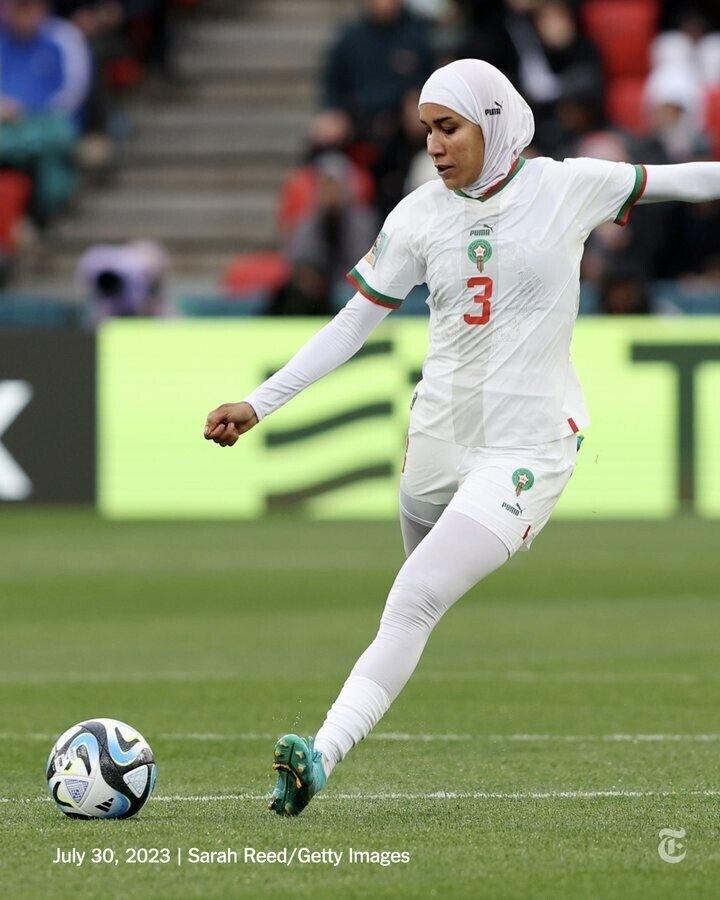 Nouhaila Benzina, a 25-year-old defender for a pioneering Morocco team appearing in its first World Cup, became the first player to wear a hijab in the tournament when she started her team’s 1-0 victory against South Korea on Sunday. 