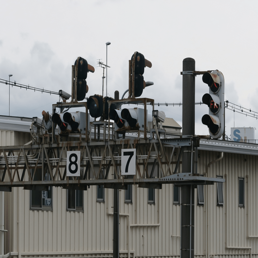 東京都大田区昭和島駅の英字灯器と青赤×信号機｜藤倉