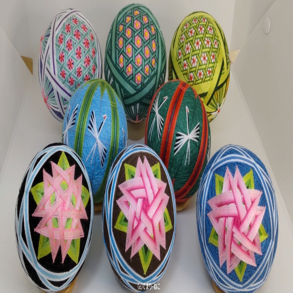 花籠」「竹と鶴」「籠の星」「星桜」です｜てまり-ねこ