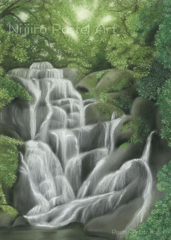 深山の滝　パステル画　奥日光 パステル画『白糸の滝(糸島)』｜KAORI