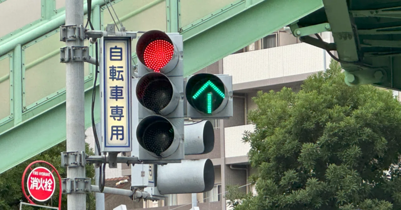 赤信号と直進矢印灯器の自転車専用信号｜道路標識マニア