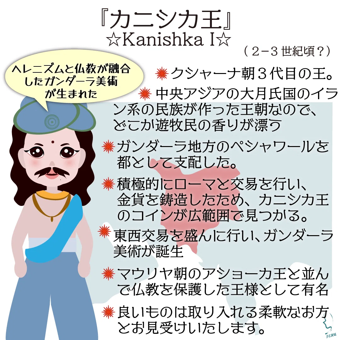 北西インドに興ったクシャーナ朝最盛期の王『カニシカ王』のイラスト