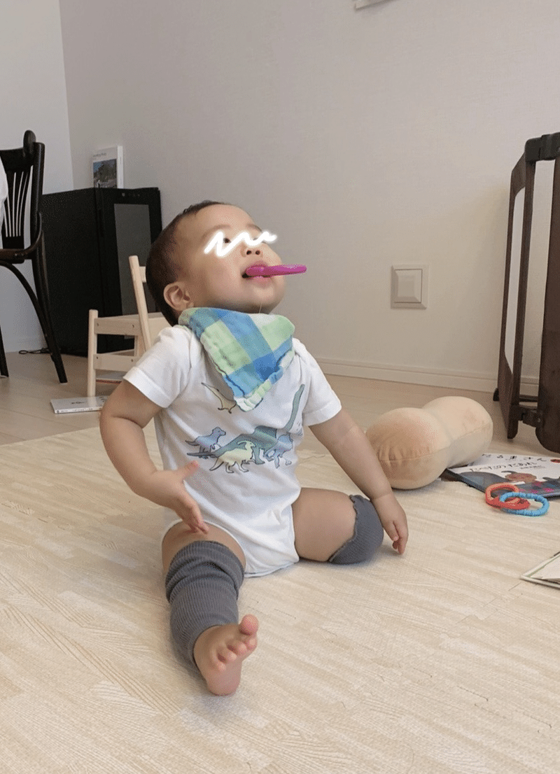 おもちゃを咥える赤ちゃんの画像