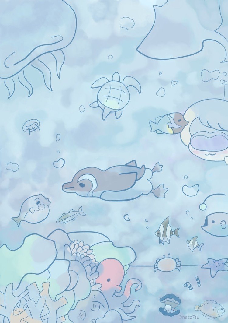 #海 #クラゲ #ペンギン #アクアリウム #水 #淡い #魚 #イラスト
 #sea #animal #illust
