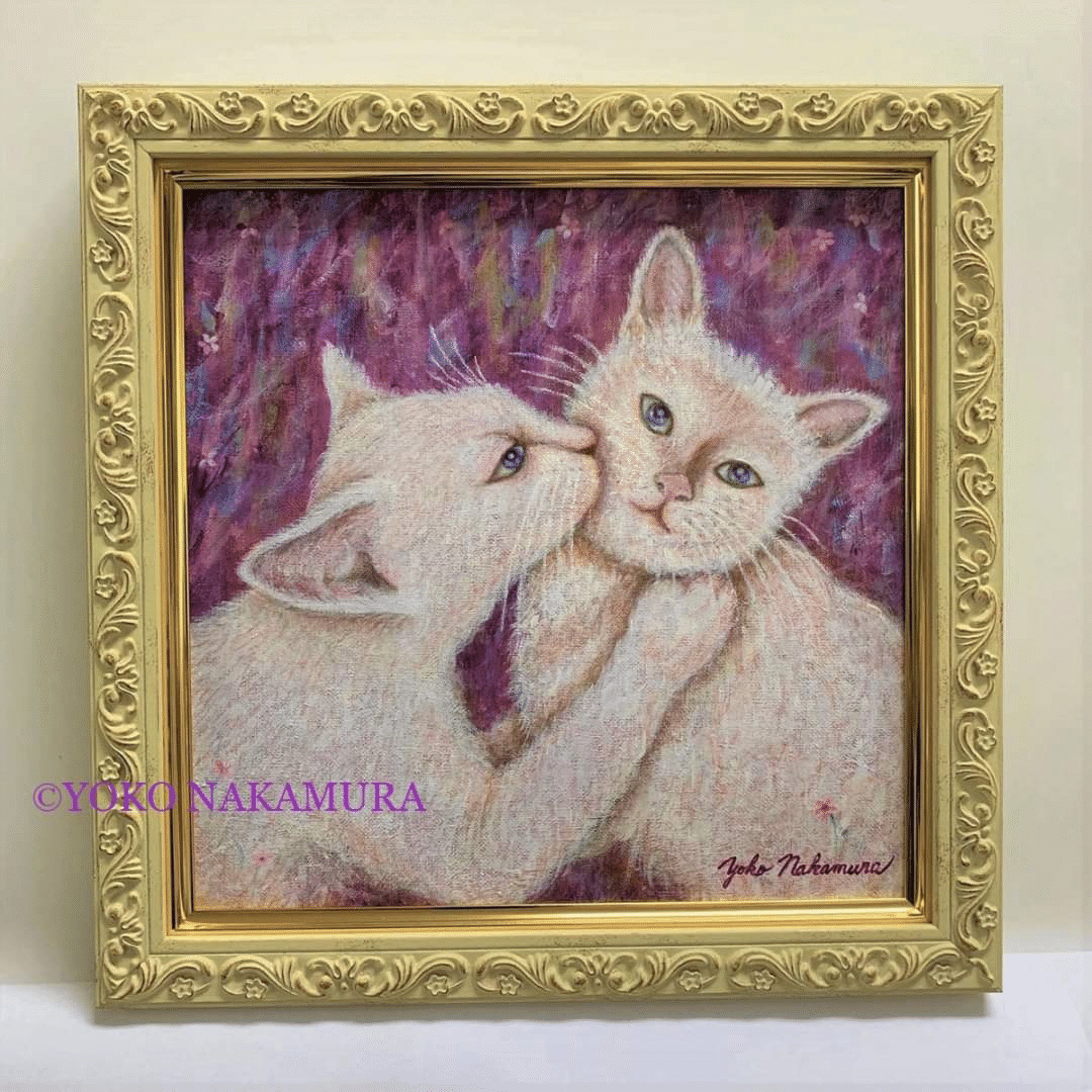 絵画。原画【可愛い猫ちゃんとワンちゃん】 わんちゃんねこちゃん、私の画風で🌸特別賞頂けました。｜YOKO
