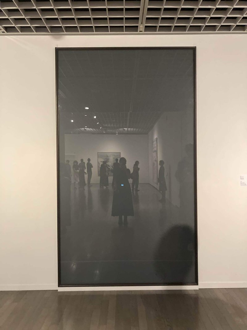縦2.5メートルくらいある灰色のガラスの作品。ここに自分を含め人の影が映り込んで、また作品のようになっている。