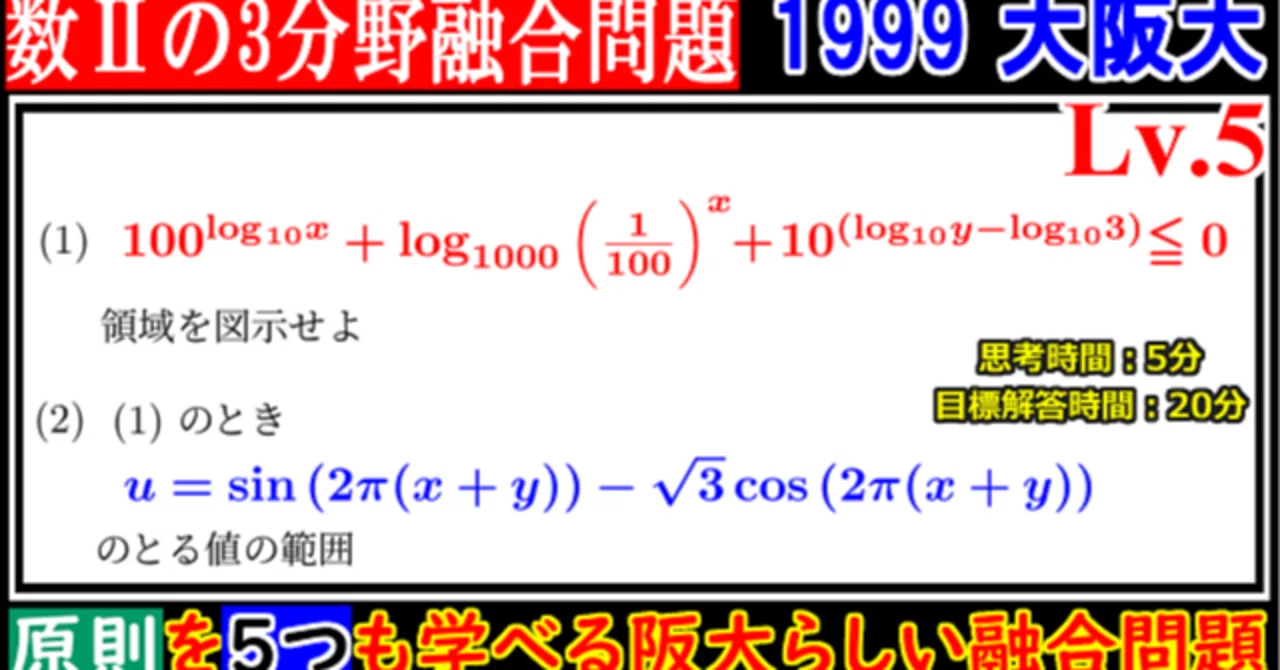 PieceCHECK(2023-55) 1999年大阪大(文系)領域・三角・対数の融合問題