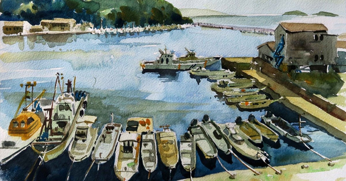 【お試し価格！】 宿場町「室津」の小さなドック／海辺の水彩画｜海の音 - umi no 絵画