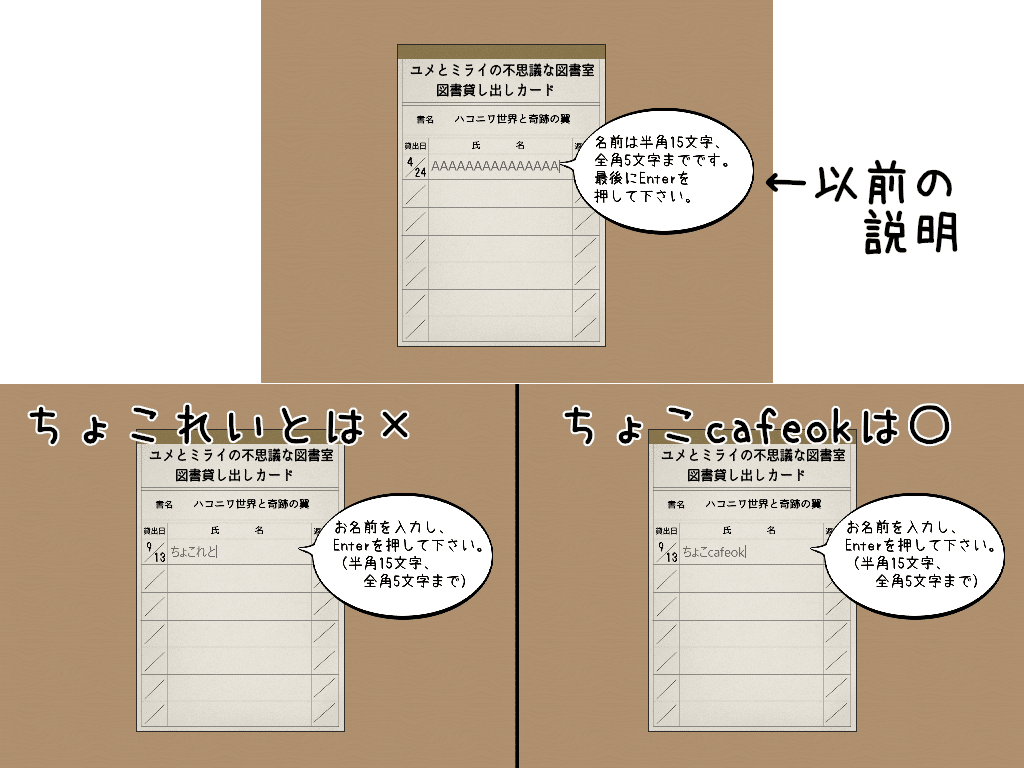 名前入力時の説明を少し変えました。 少々まどろっこしい印象でしたので。 そして、名前入力は全角５文字までの設定です。 エディタの仕様で全角 １文字＝半角３文字となっております。 「ちょこれいと」は６文字｜Cacao（ちょこれいとcafe）
