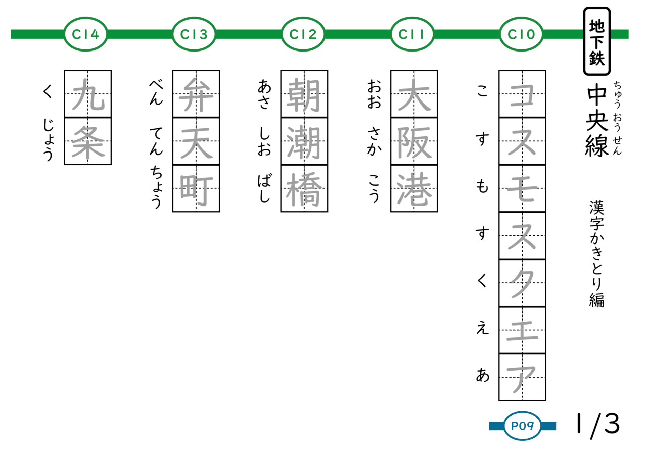 大阪市の地下鉄路線名 駅名 漢字練習ドリル 5 中央線 なちゅ Note 大阪市の地下鉄路線名 駅名 漢字練習ドリル 5 中央線 なちゅ Note