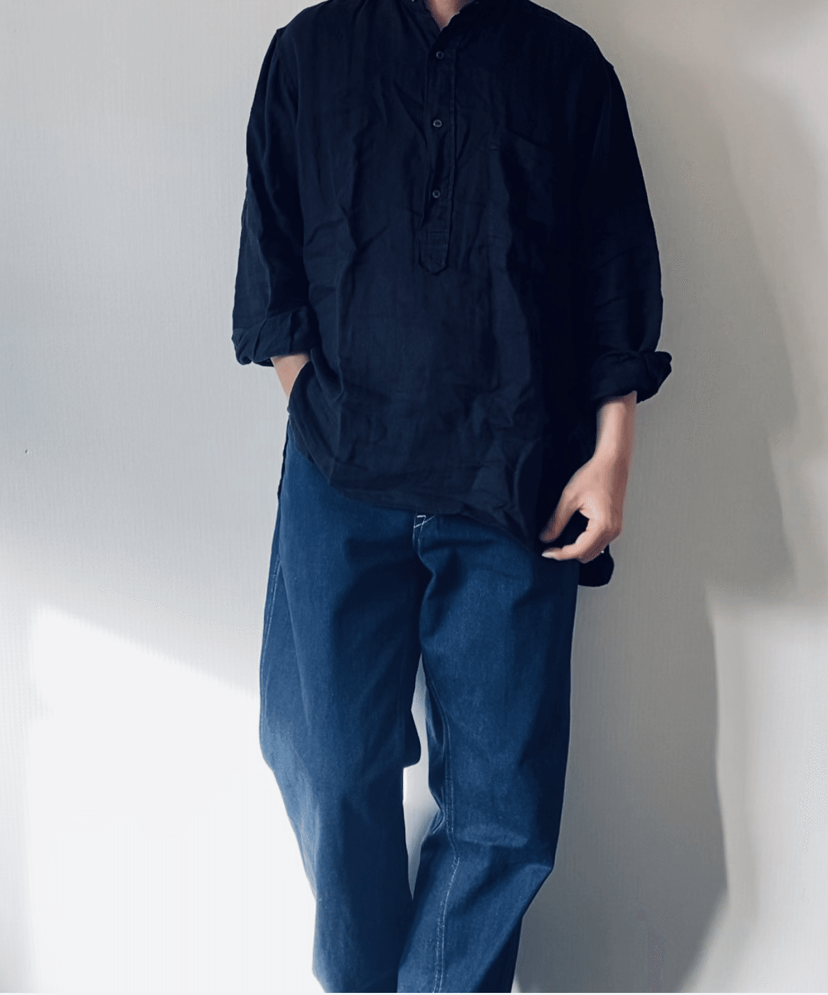 COMOLI リネンWクロスプルオーバーシャツBLACK♪このドレープ感 COMOLI リネンWクロスプルオーバーシャツBLACK♪このドレープ感
