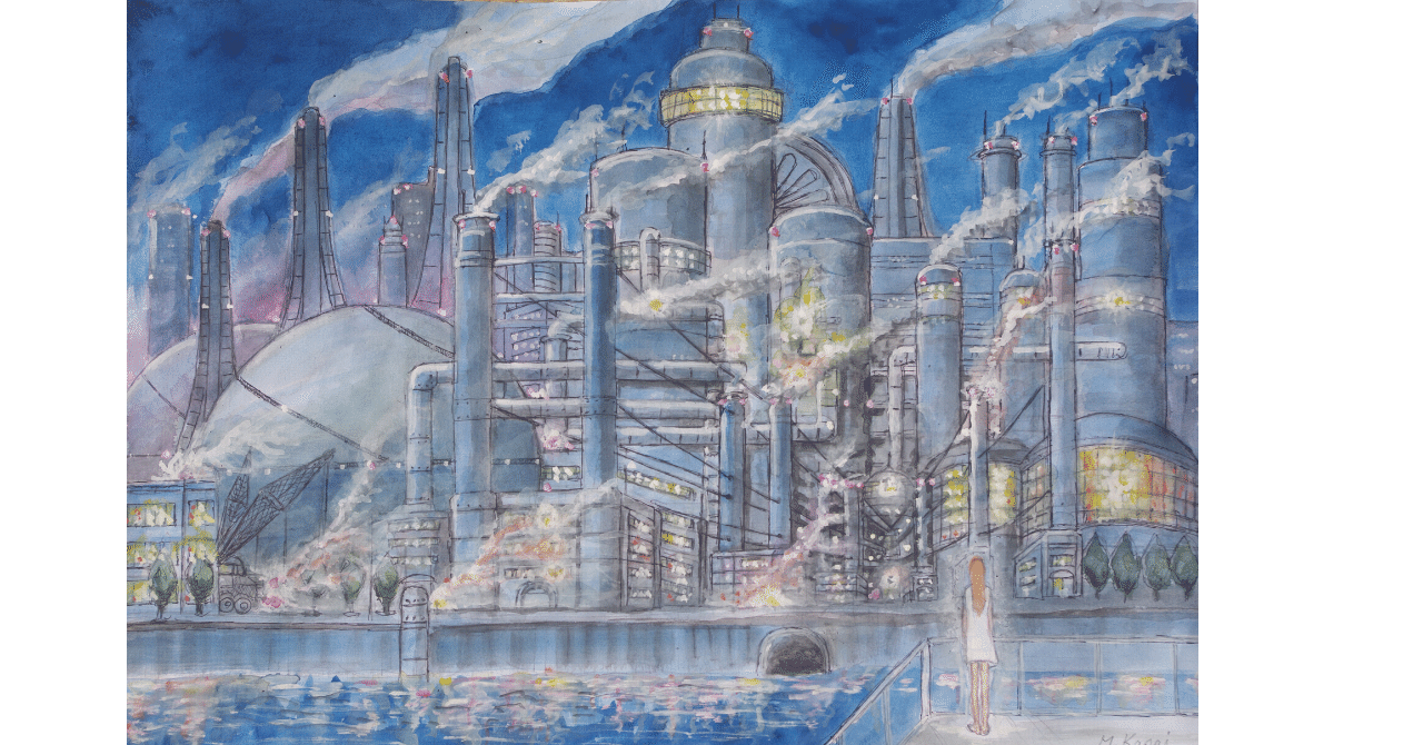 堺市工業地帯の夜景　水彩画 堺市工業地帯の夜景水彩画