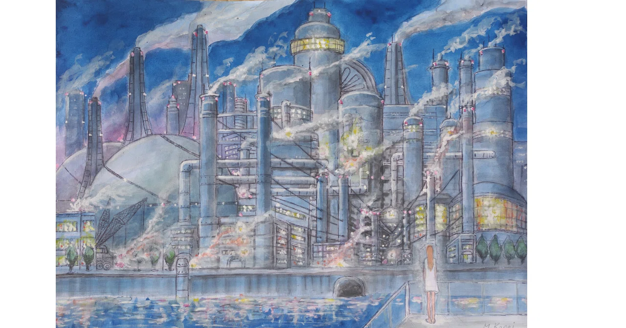 油絵 工場の灯りⅡ 工場夜景 幻想の城｜マシュー・カサイ