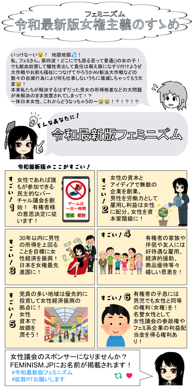 令和最新版フェミニズムはFEMINISM.JPに民主的でバーチャルな万国女性議会を設立する事を目指すフェミニズム民主化運動です 議会設立準備会