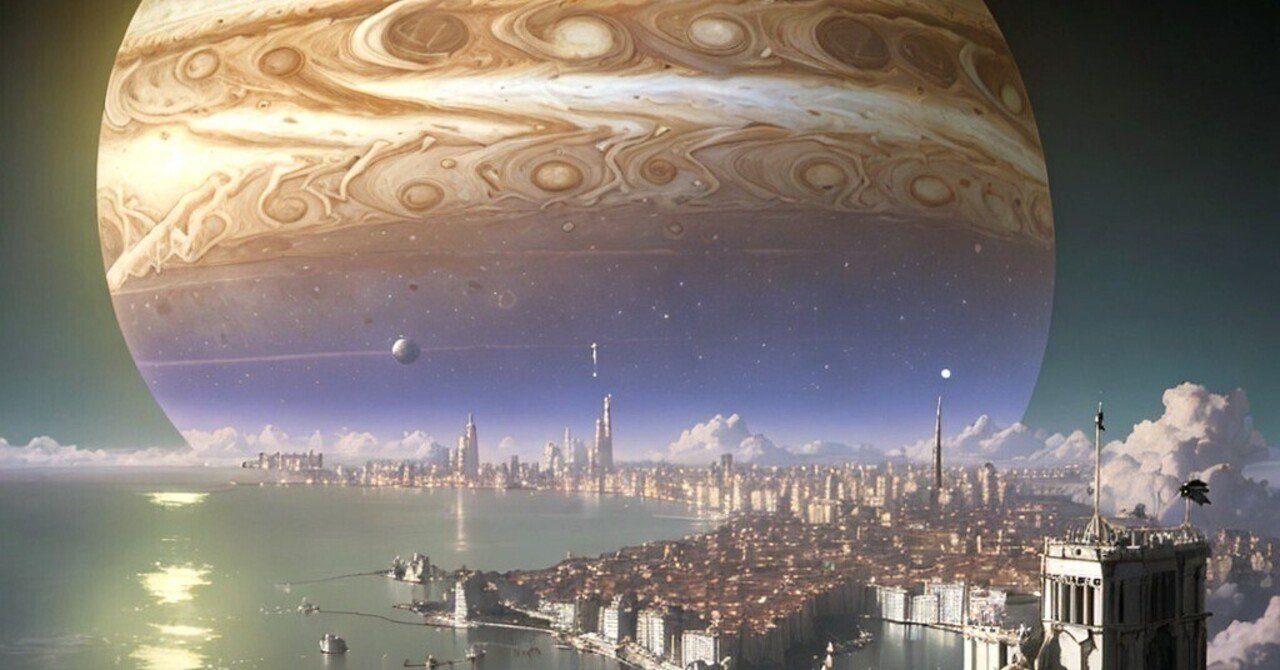 AI 描画：木星の衛星カリストの水上都市。｜EnigMind