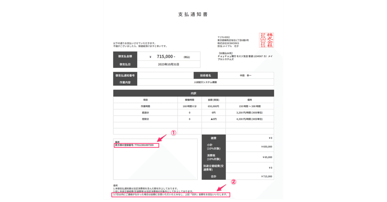 お支払い① インボイス制度／支払確定通知書の変更点とサンプルイメージ