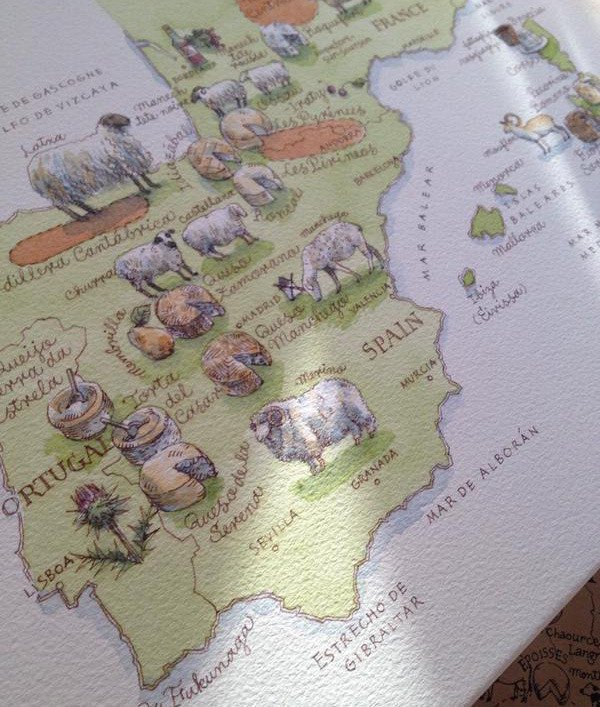 スペイン、ポルトガル、南仏、コルシカ島とサルデニア島の代表的な羊乳チーズの絵地図です。年賀状にいかがでしょう？　ハガキサイズと160×125mm(200pixel/inch)の2点　#年賀状