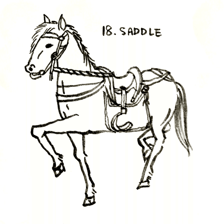 インクトーバー18日目。SADDLE.鞍。古典に出てくるような昔の馬具を描いてみた。昔仕事でよく黒板にこんな絵を描いたけど、こんなふうにちゃんと馬を描かないから（かなりデフォルメ絵ね）大抵生徒に笑われてたな。鎧とか轡とか軍記物語の文中に出てくるからそれの説明しながら…ね。生徒のノート集めると、ものすごい絵師がクラスに1人ぐらいはいて、眼福でした。