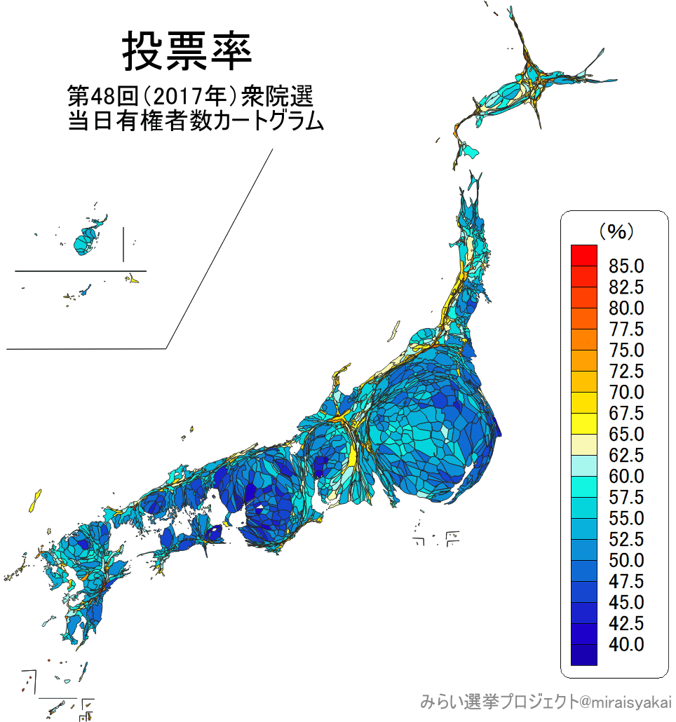 有権者数に応じて日本地図を変形させたら政党の地盤はどう見えるか 武器としての世論調査 番外編 三春充希 はる 未来社会プロジェクト Note