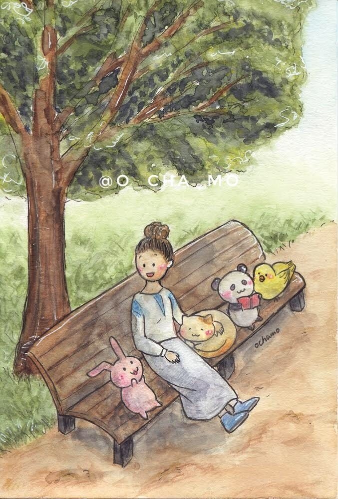 木の下でほっこり休まる水彩イラスト おちゃも イラストレーターハンドメイド作家 Note