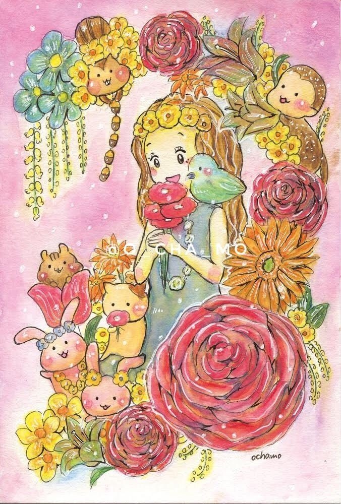 華やかなお花と女の子と動物たちの水彩イラスト おちゃも Note