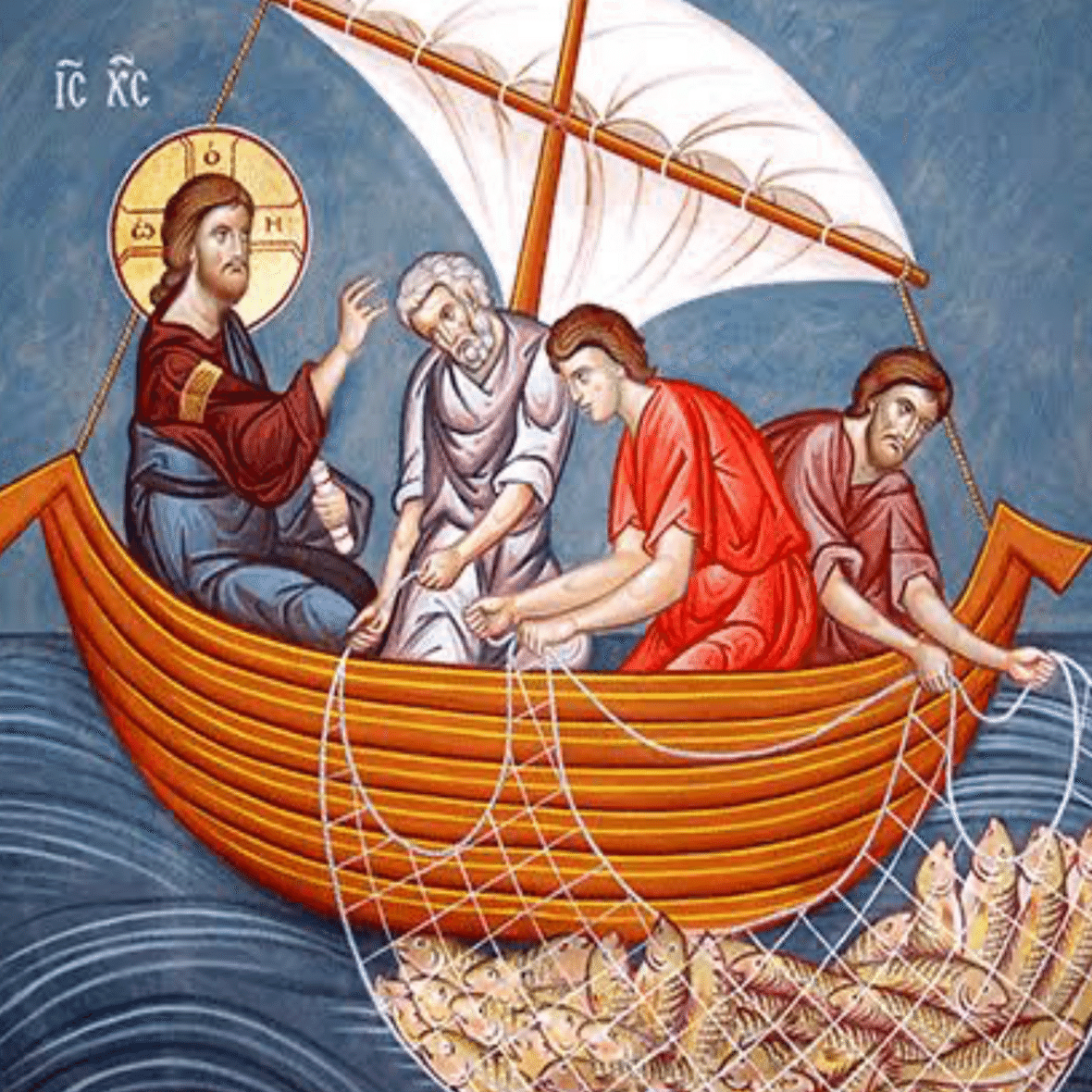 油彩画 漁船と漁師 A. De La Cruz Biblia studere ルカ福音書ⅰⅹⅹ