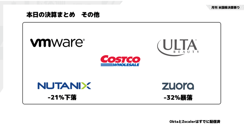 VMware, コストコ, ULTAビューティー, Zuora, Nutanixなど本日のその他決算まとめ。暴落組含む。