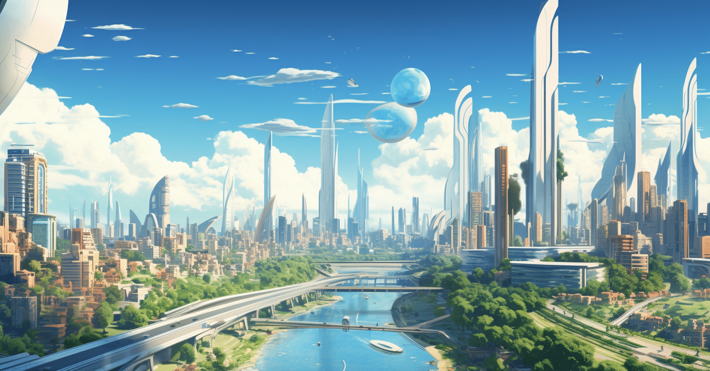 未来都市のパノラマ画像：Midjourney プロンプト｜AI情報誌 KENTO