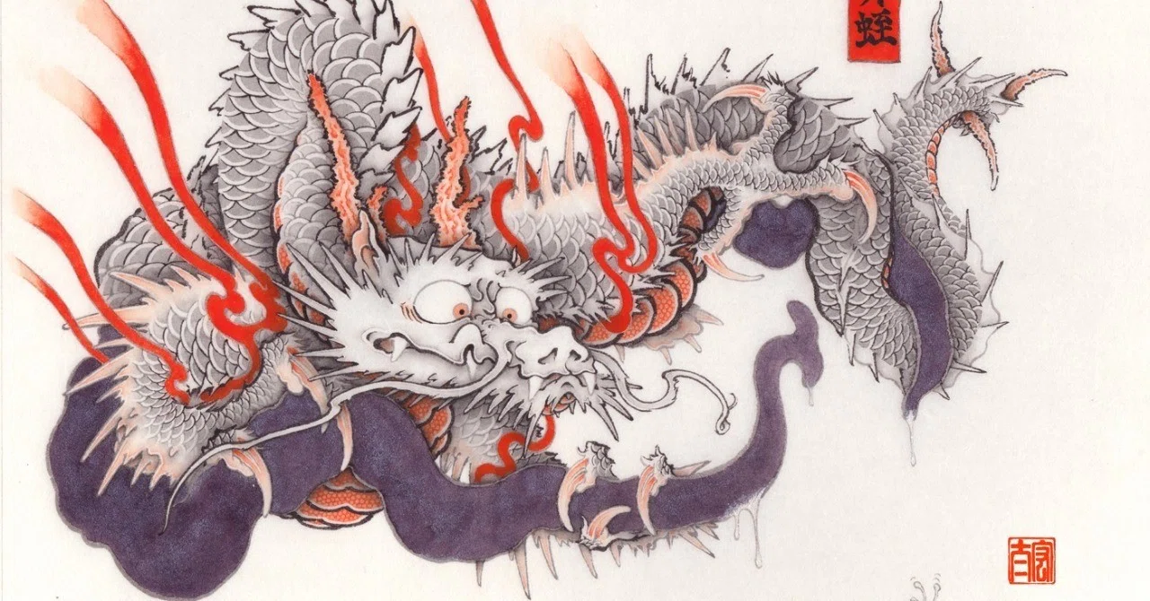 絵画　龍　竜　白　那生裕　額入り　肉筆画　原画 肉筆浮世絵『龍と笄蛭』｜中坪宏太