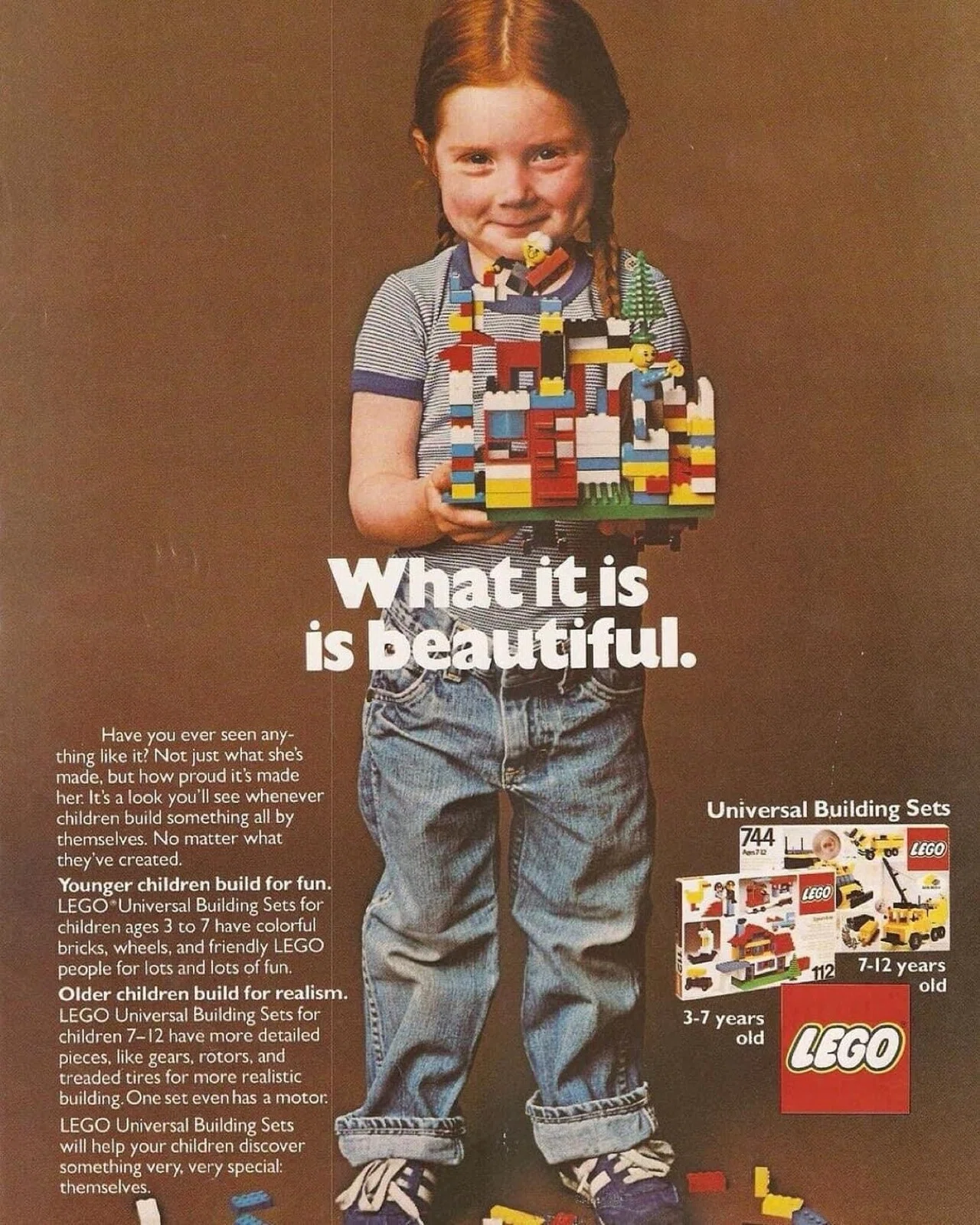 1981年のレゴの広告。作ったものの出来不出来ではなく、自分自身で何かを創り上げたことが、この自信と可能性に溢れた笑顔を生む。自分の娘もこんな ...