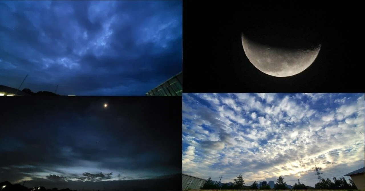2023年11月7日 昨夕，今朝の風景 曇天，有明の月，日の出前，曇天｜Hana父