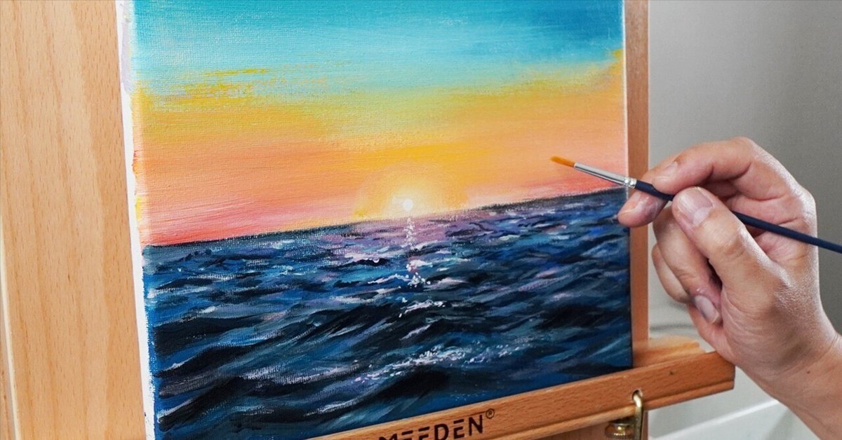 朝焼けの海　アクリル画 朝焼け 海 夕焼け 朝日 太陽 原画 アクリル画 イラスト