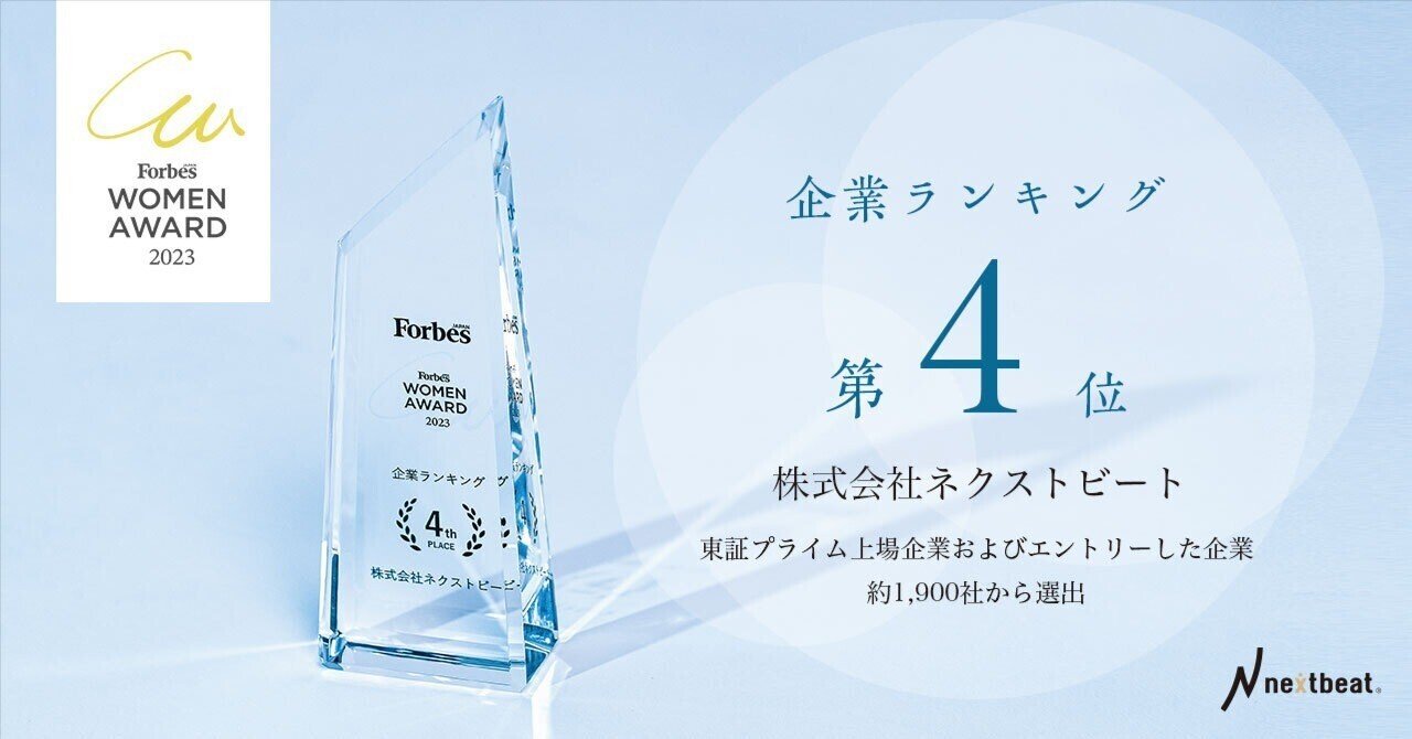 ネクストビートが日本最大規模の女性アワードで4位を受賞！東証プライム上場企業およびエントリーした企業約1,900社から選出｜nextbeat