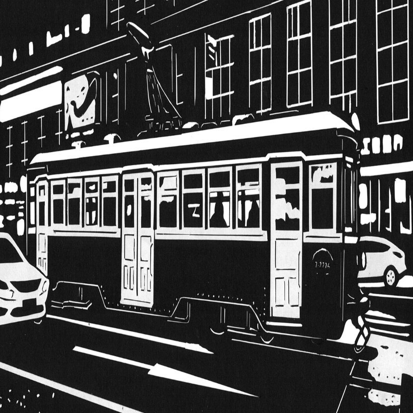 切り絵で世界旅」路面電車（大連／中国）戦前からある旧型車両にのって