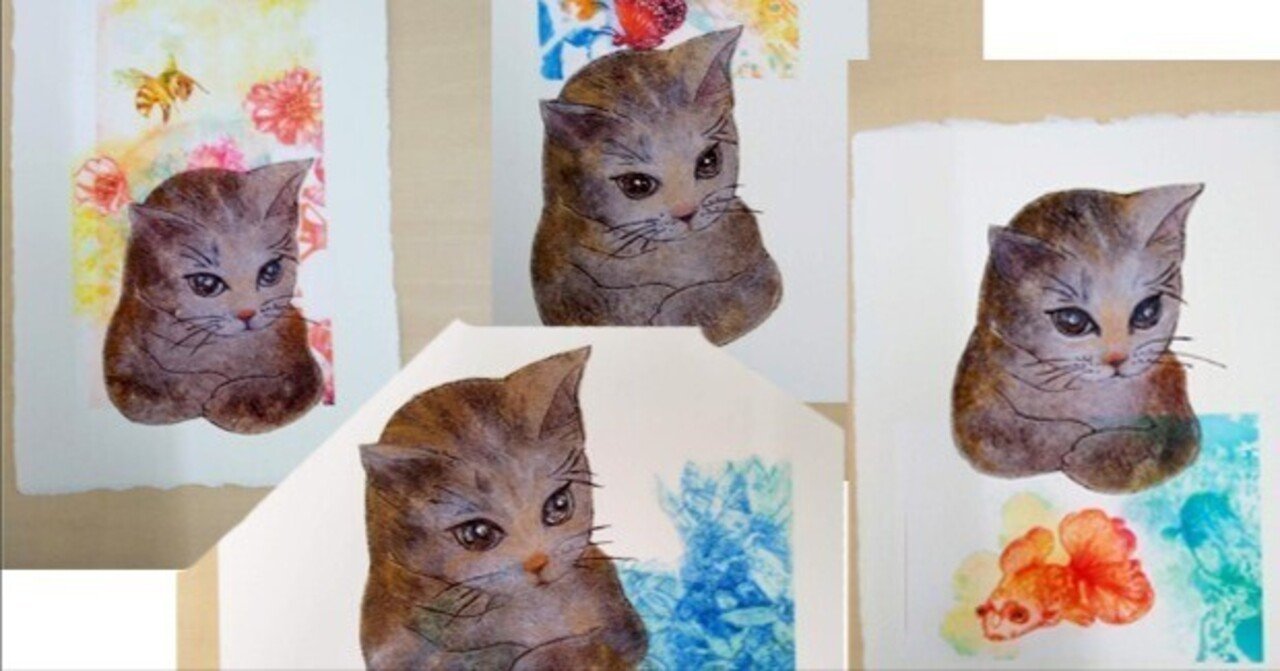 猫の額付き銅版画 title「ひらめき猫」 （お散歩・二匹の猫/ 銅