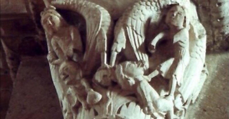 フランス　ヴェズレーの柱頭彫刻　吝嗇と噂好きへの懲罰