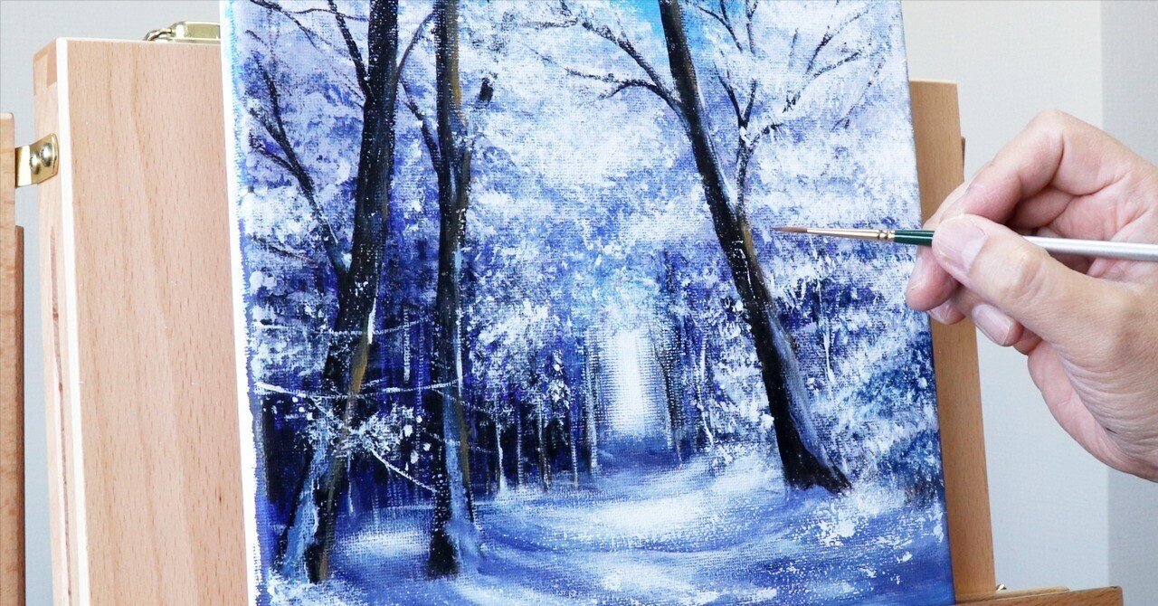 初心者向け・雪の降る夜の風景画・アクリル絵の具/Easy/Snowy night