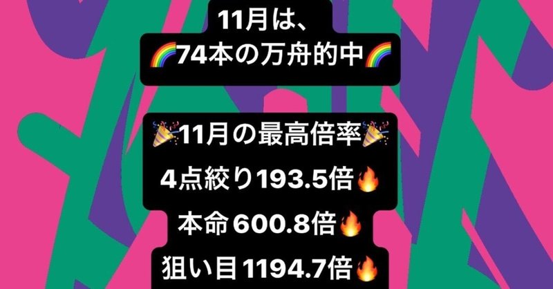 ㊗️11月競艇予想合計74本の万舟的中㊗️4点絞り193.5倍🌈本命600.8倍🌈狙い目1194.7倍🌈本日、丸亀1194.7倍含む万舟8本的中🎉🎉明日から通常配信🙌🙌