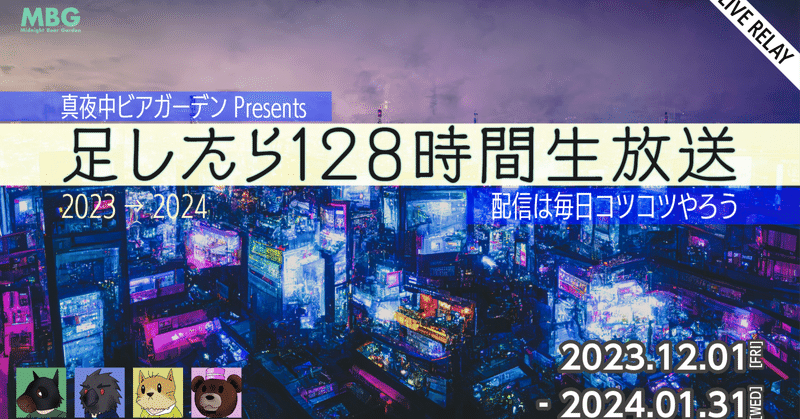 真夜中ビアガーデン Presents 2023→2024  足したら128時間生放送 概要ページ