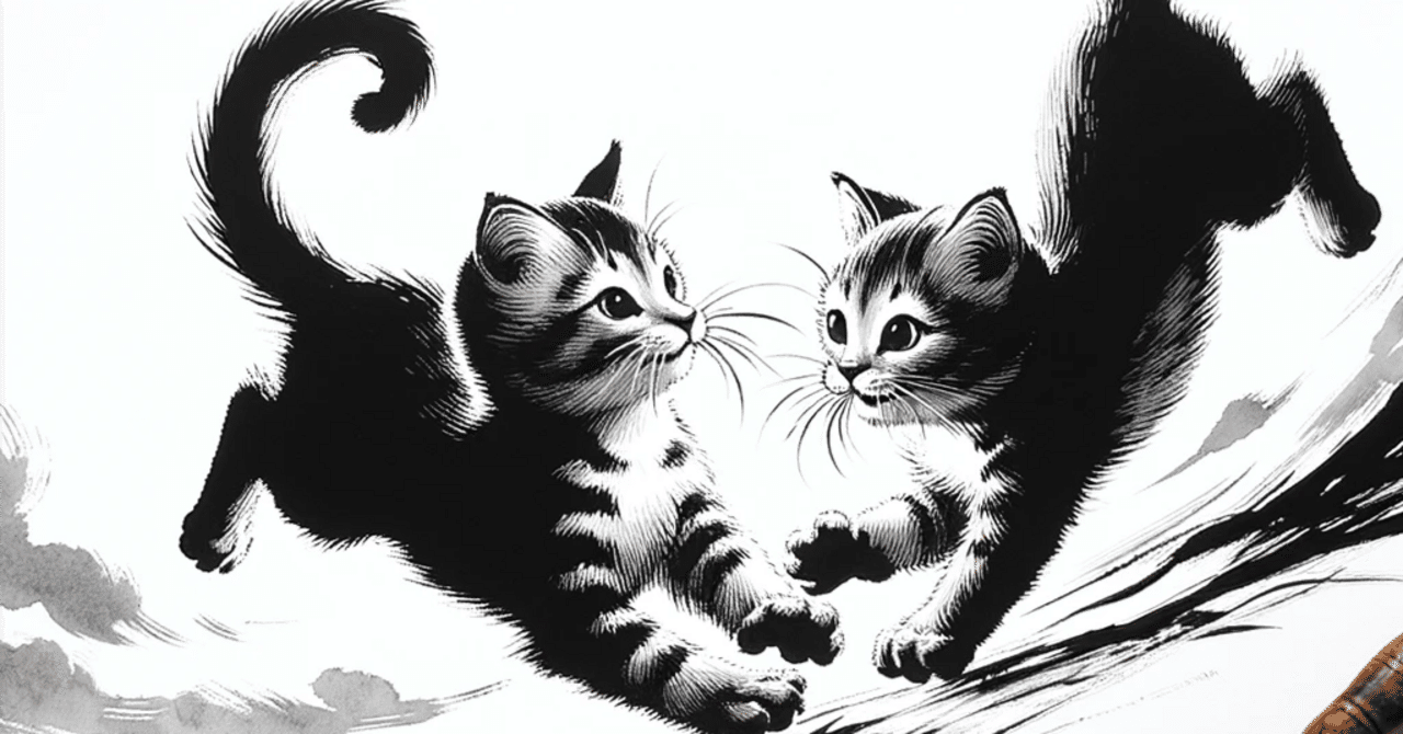 【超目玉】 水墨画 パワルフに遊ぶ猫ちゃん達｜ねこにゆたぽん 絵画